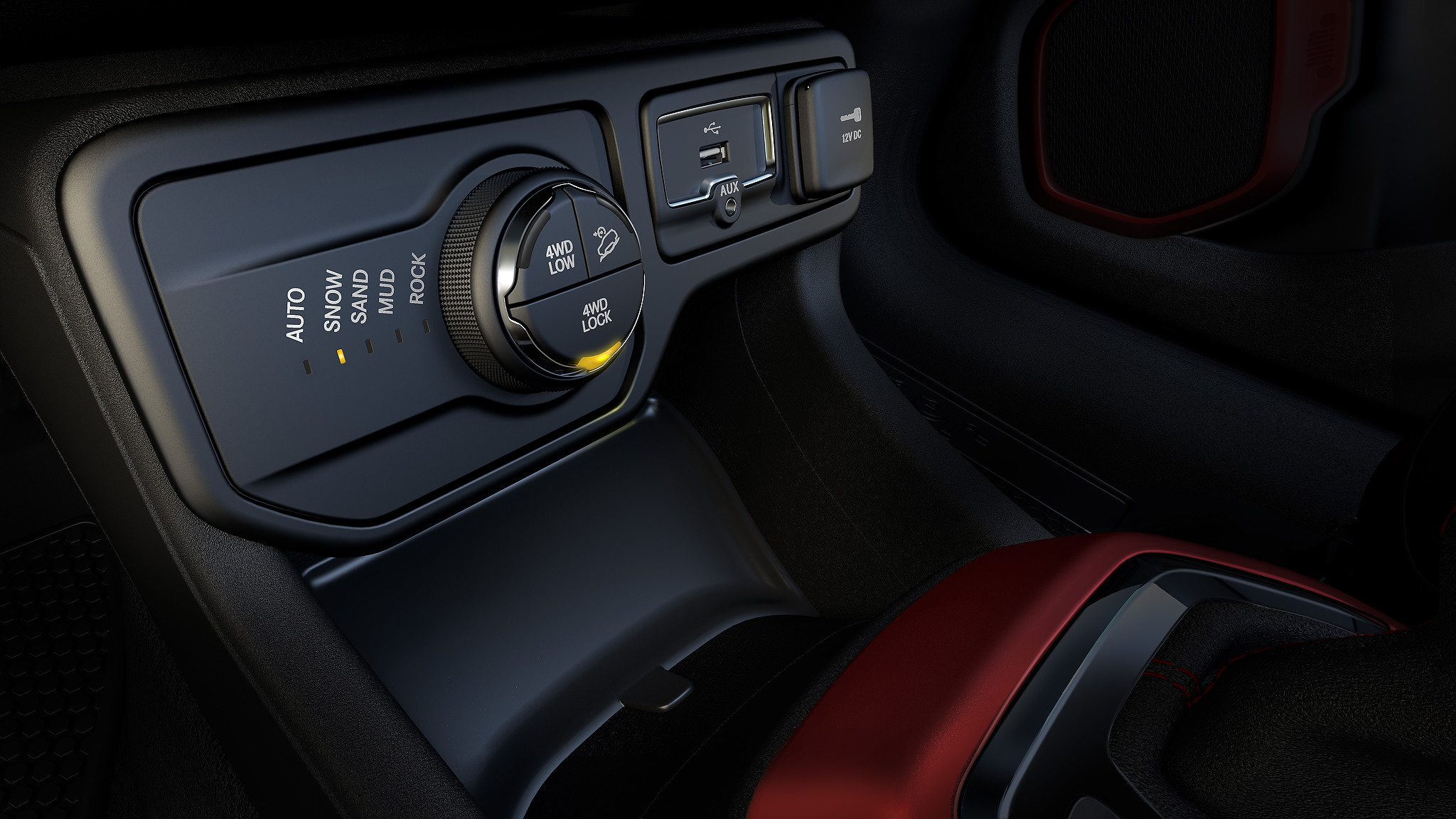 Un gros plan du système de gestion de la motricité Selec-Terrain à l’intérieur du Jeep Renegade Trailhawk 2021