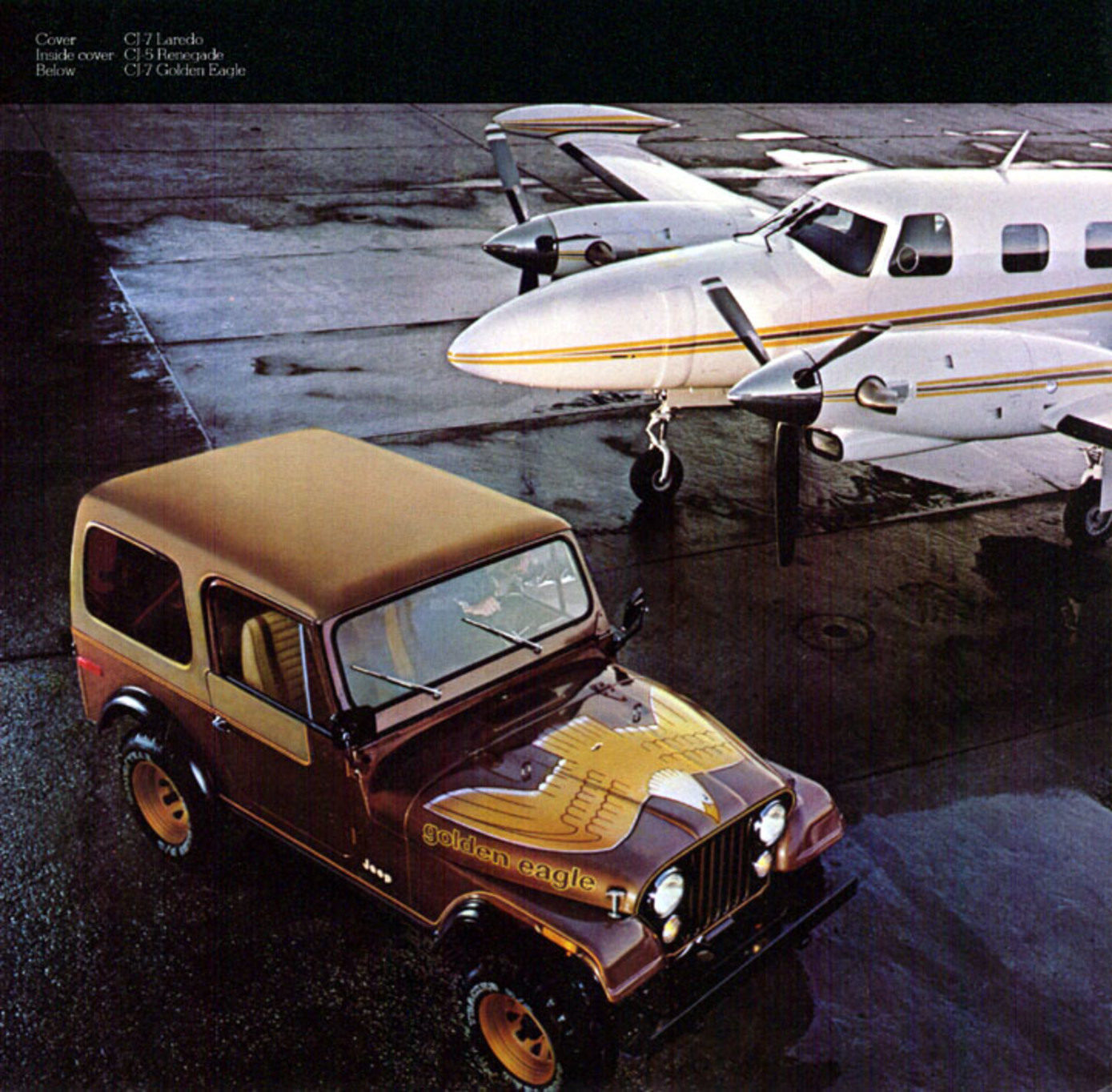 A 1980 Jeep CJ7 Gold Eagle, parked in front of a small airplane.