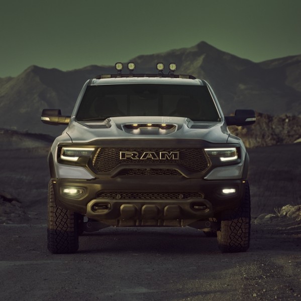 2021 Ram 1500 TRX front view in Billet silver in the desert.