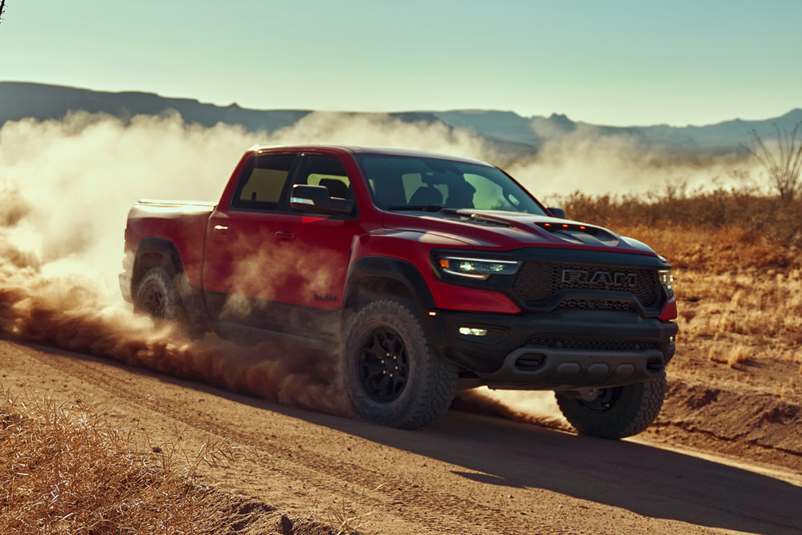 Front view of red 2020 Ram 1500 parked in a parking lot