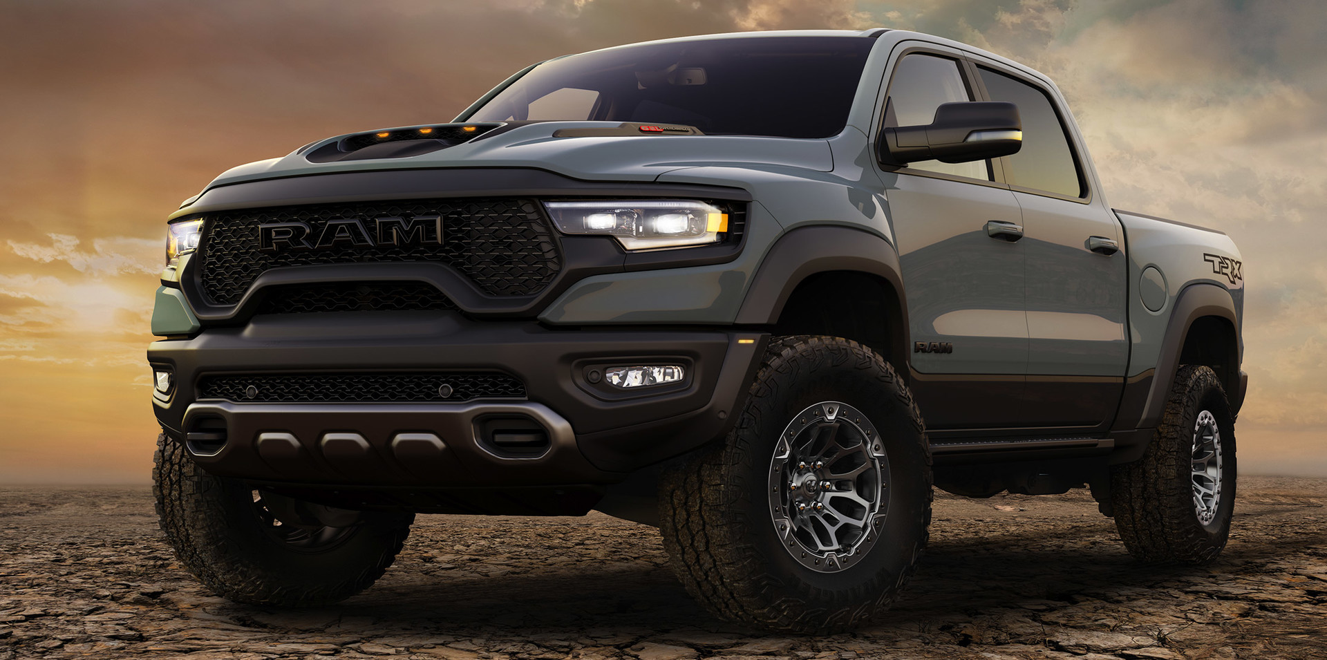2021 Ram 1500 parked in the middle of a dry desert. Motortrend Truck of the Year 2021. The first, the most, the best.