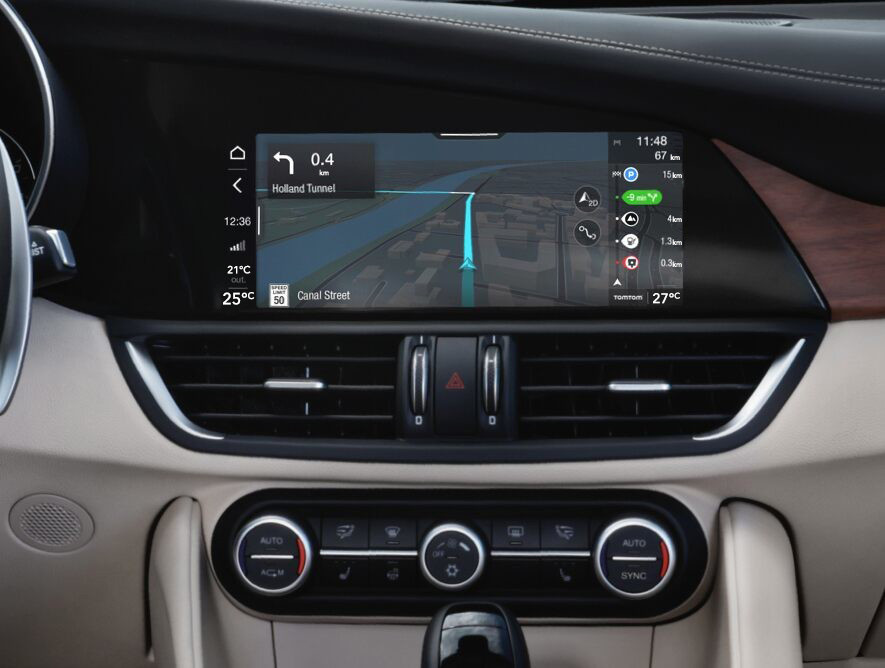 A close-up of the touchscreen in the 2020 Alfa Romeo Giulia with the Media icon selected.