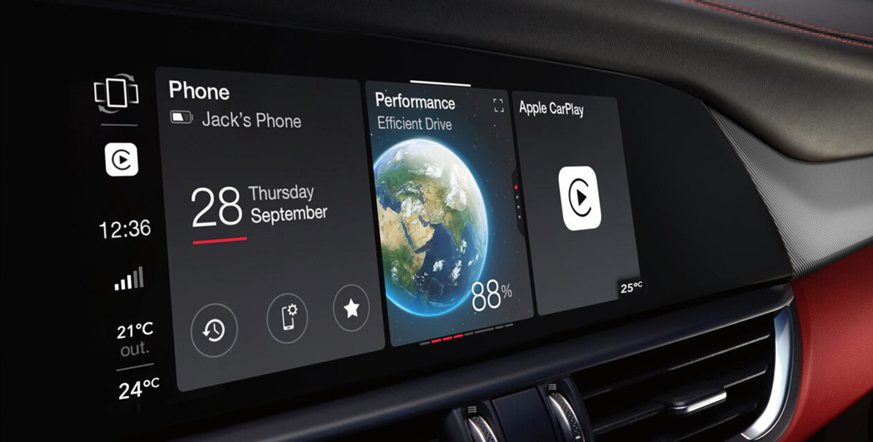 A close-up of the touchscreen in the 2020 Alfa Romeo Giulia with Apple icons displayed.