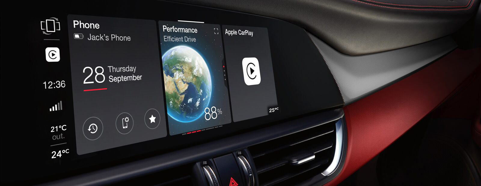 A close-up of the touchscreen in the 2020 Alfa Romeo Giulia with Apple icons displayed.