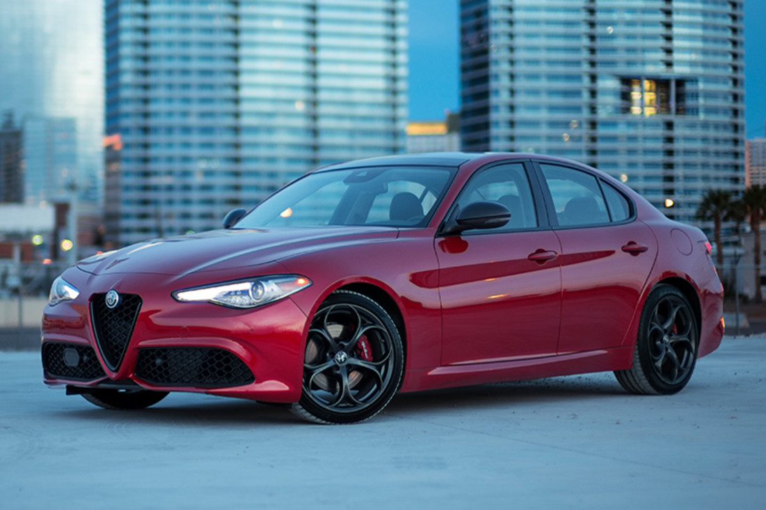 A close-up of a wheel and brake caliper on the 2020 Alfa Romeo Giulia.