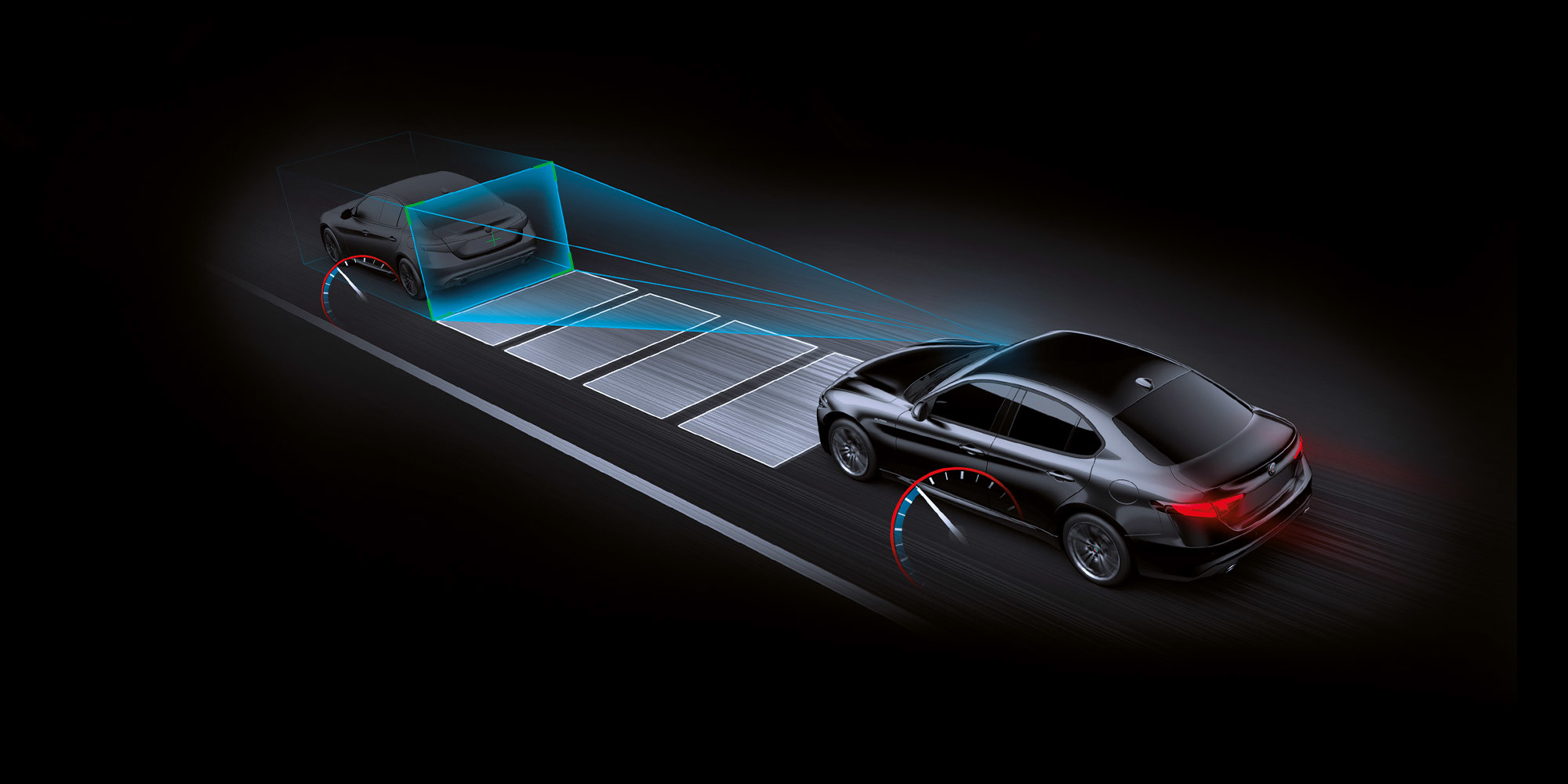 An overhead view of a black Alfa Romeo Giuia with illustrated blue sensor lines spanning the space between the front windshield and the vehicle in front of it. Illustrated speedometers are overlaid on each vehicle.
