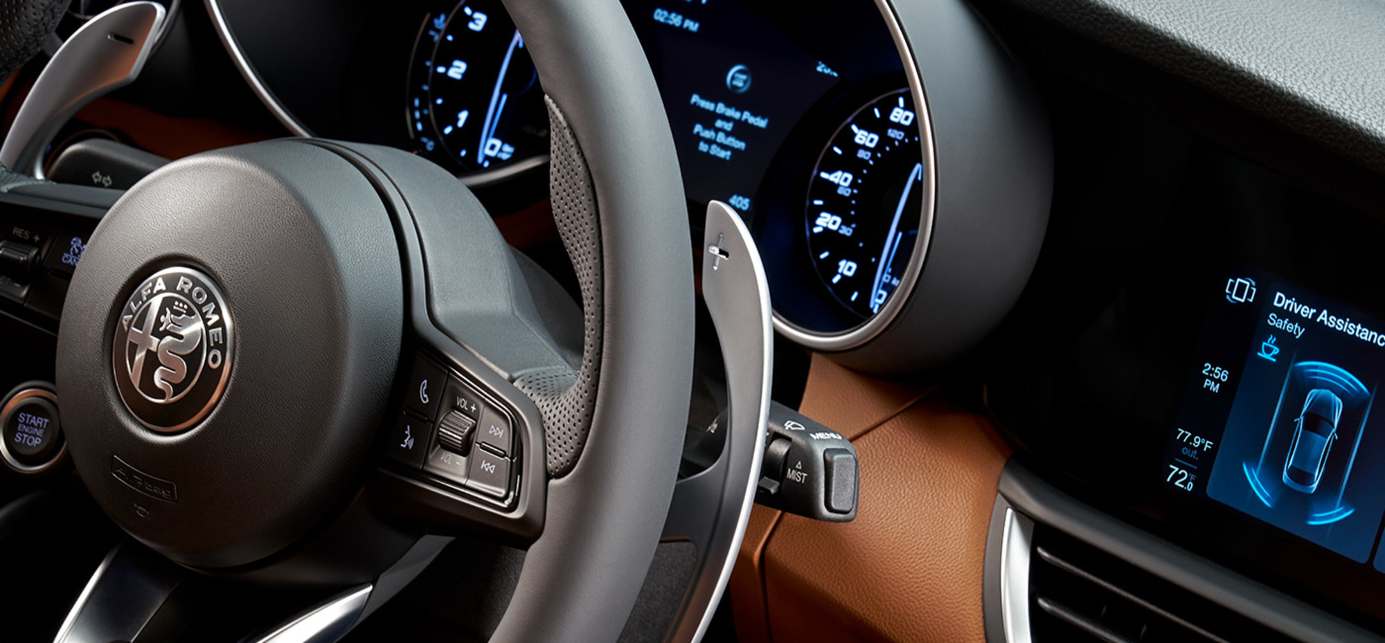 Close-up of the Alfa Romeo Giulia leather trimmed steering wheel