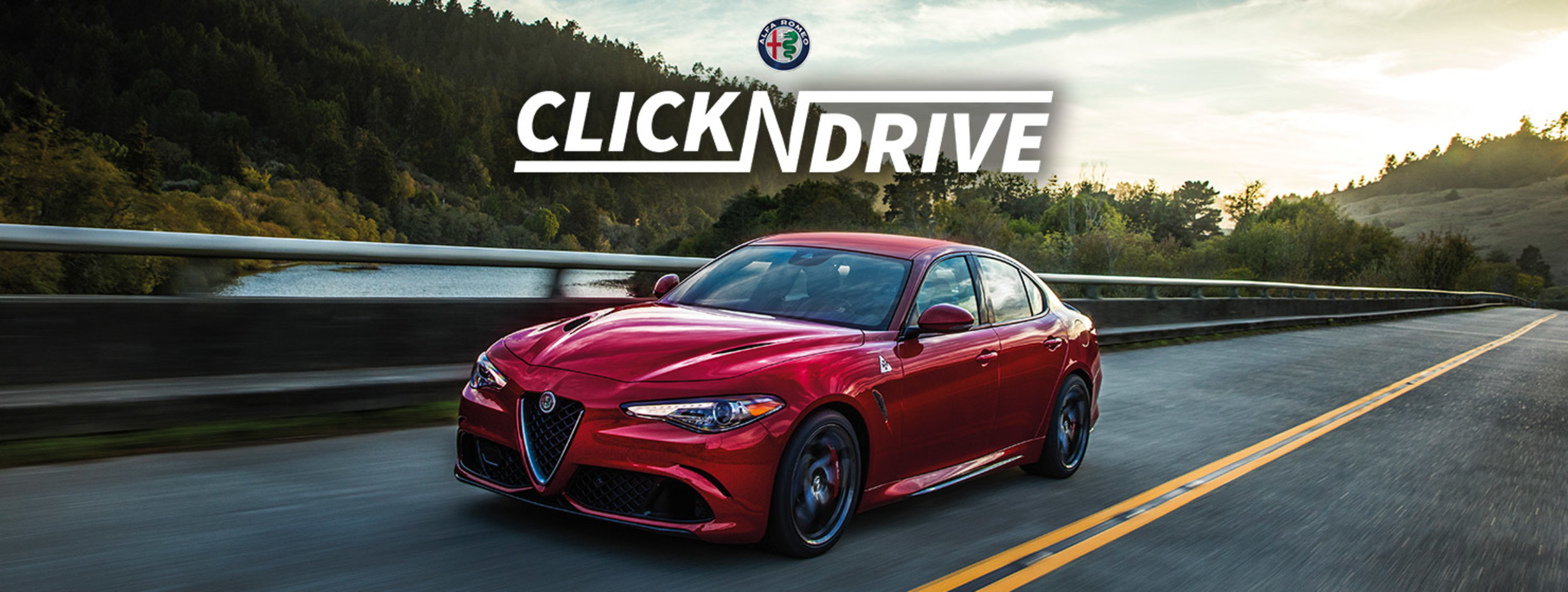 Drive Forward. Red 2020 Alfa Romeo Giulia being driven on the road.