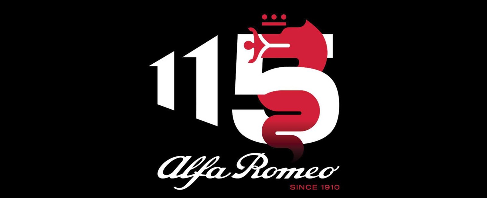 The image shows the numbers "115" in bold, with the "5" featuring a red serpent design. Below, "Alfa Romeo" is written in white cursive, with "Since 1910" in red, all on a black background.