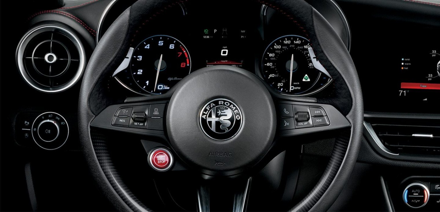 The steering wheel of the 2019 Alfa Romeo Giulia Quadrifoglio