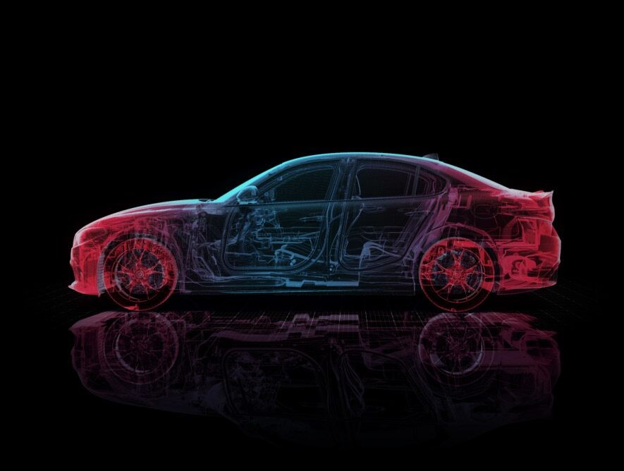 A 3-D rendering of the 2021 Alfa Romeo Giulia Quadrifoglio with highlights on the nearly equally weighted front and rear.