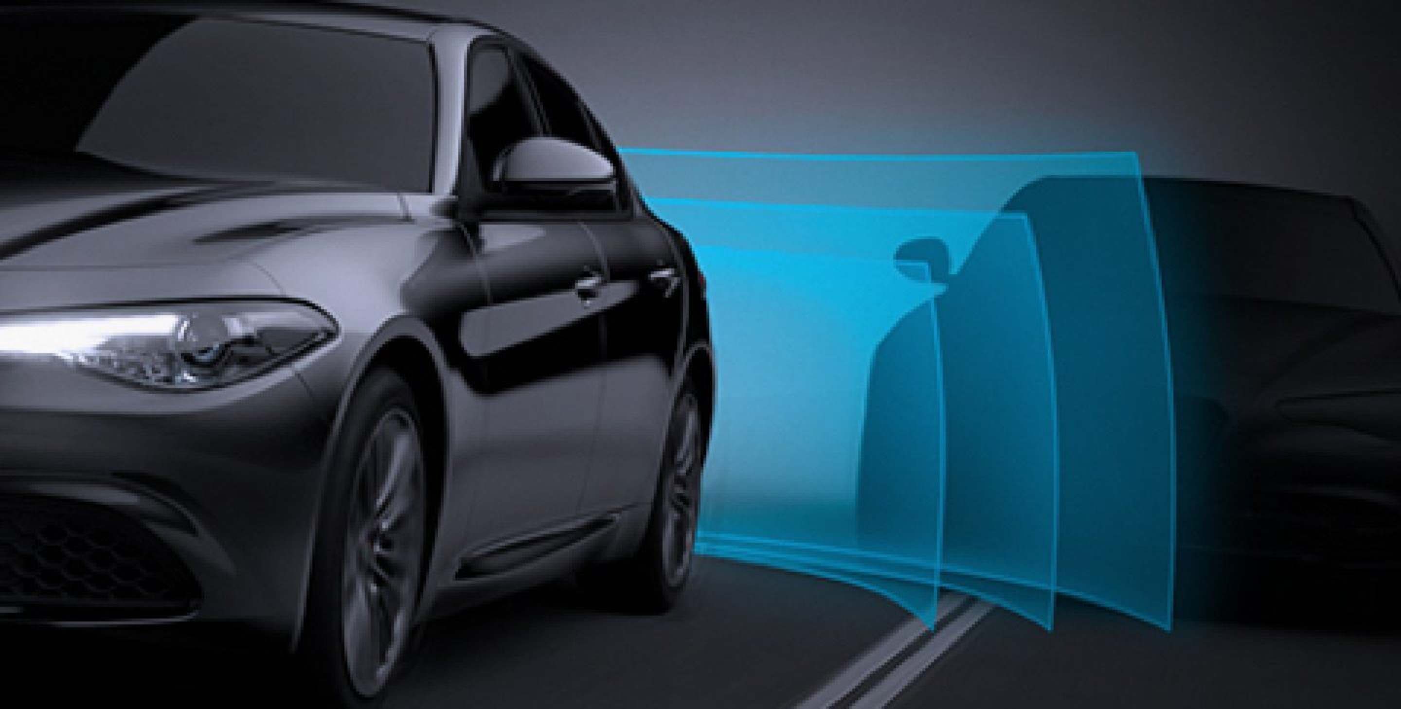 The sensors on the 2021 Alfa Romeo Giulia Quadrifoglio monitoring the rear side of the vehicle, detecting a vehicle approaching in the next lane.