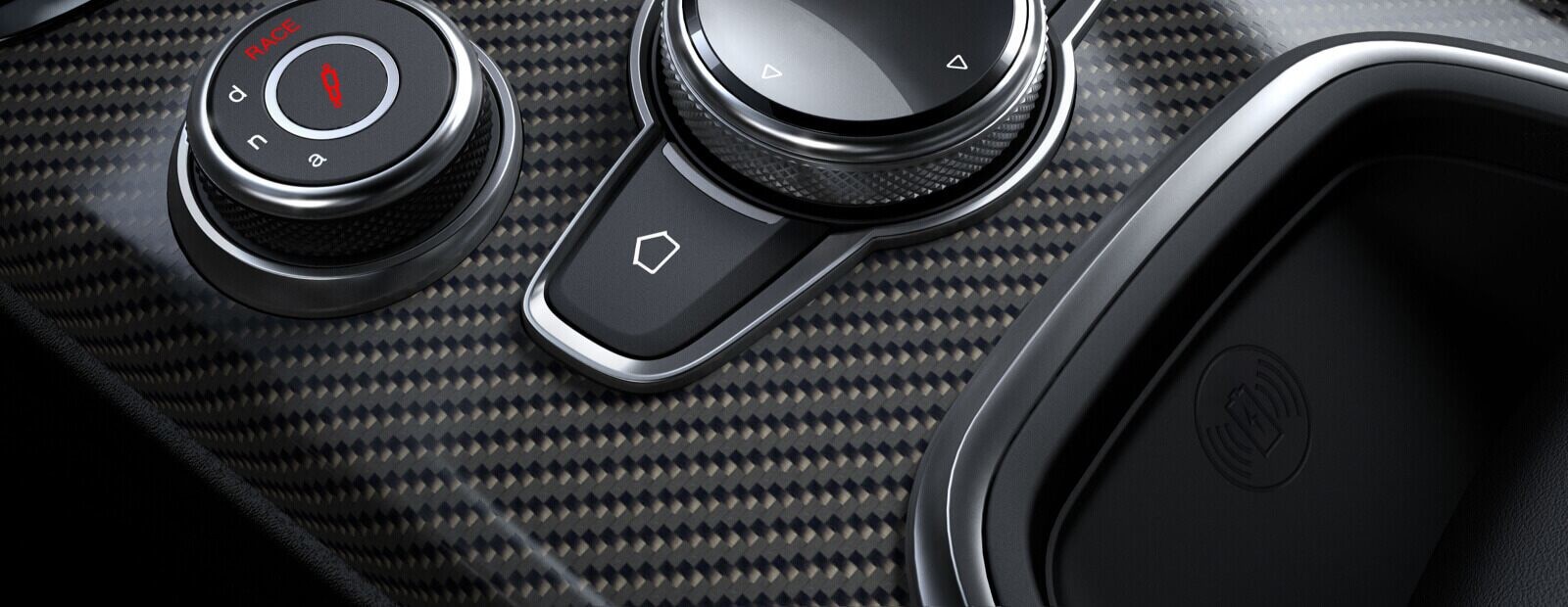 Close-up of a phone in the wireless charging compartment.