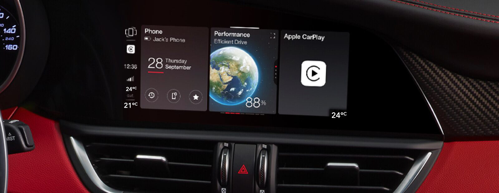 Close-up of the 2021 Alfa Romeo Giulia Quadrifoglio Uconnect screen displaying apps.