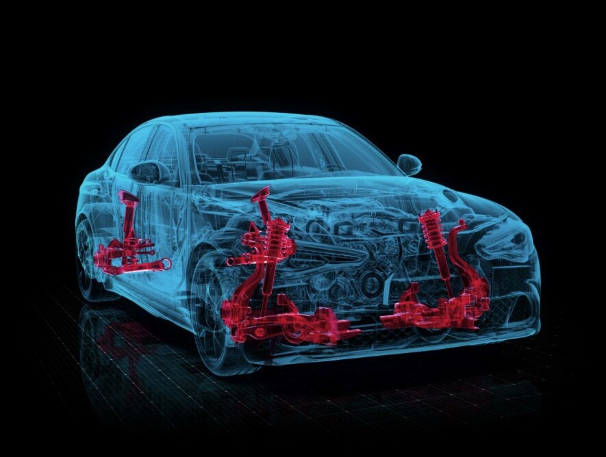 A 3-D rendering of the 2021 Alfa Romeo Giulia Quadrifoglio showing the front air suspension highlighted in red.