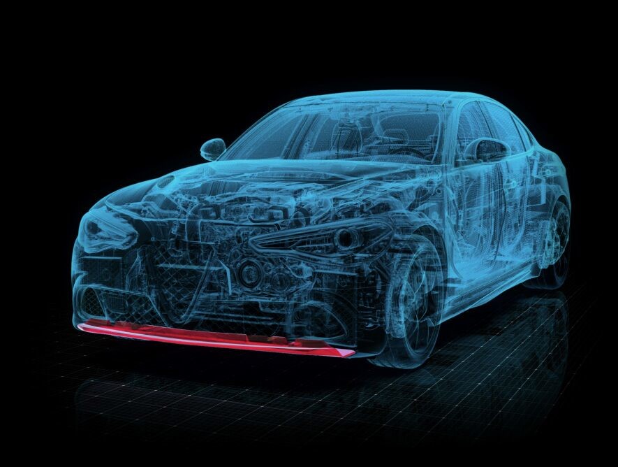 A 3-D rendering of the 2021 Alfa Romeo Giulia Quadrifoglio showing the front splitter highlighted in red.