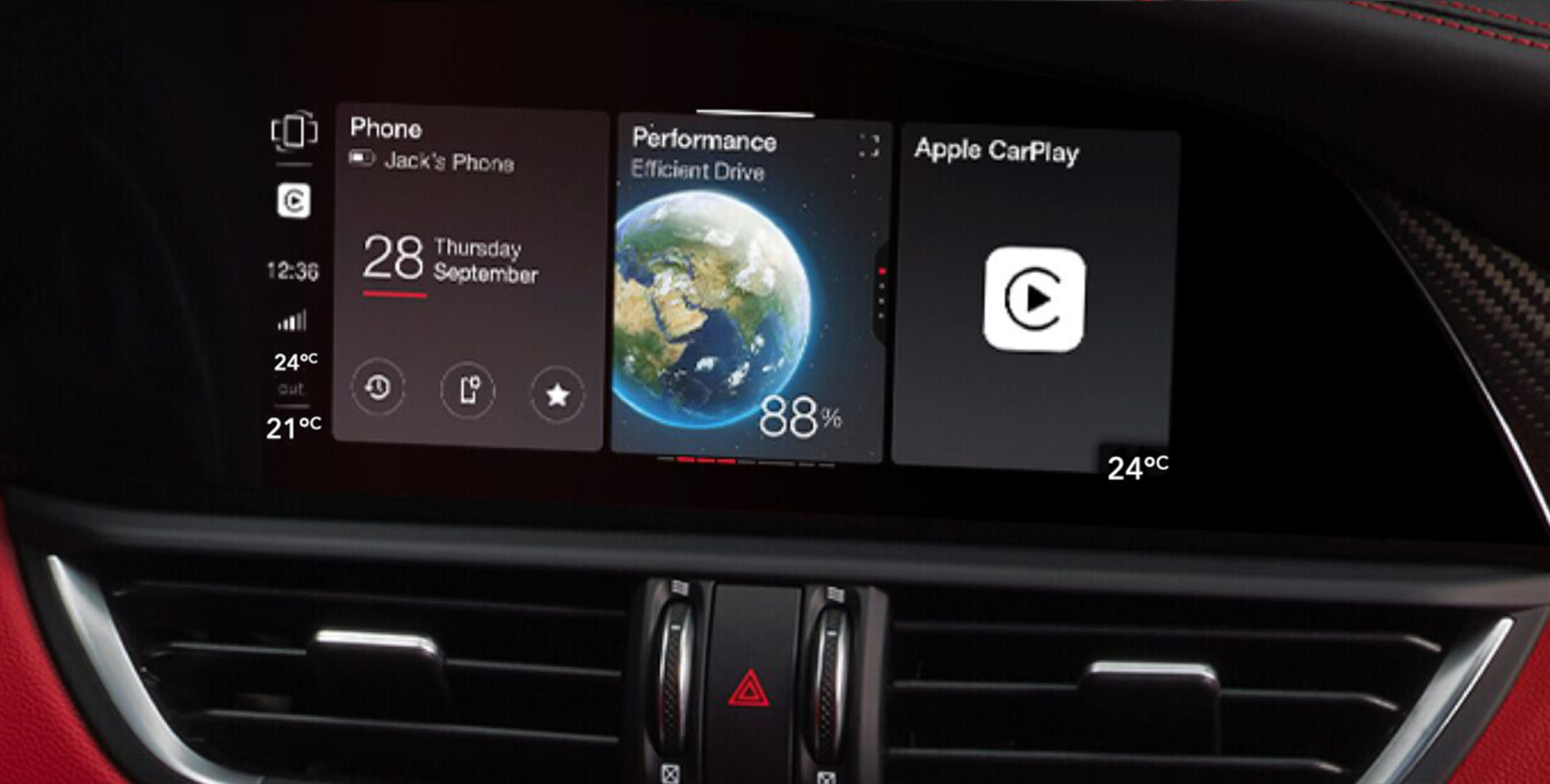 Close-up of the 2021 Alfa Romeo Giulia Quadrifoglio Uconnect screen displaying apps.