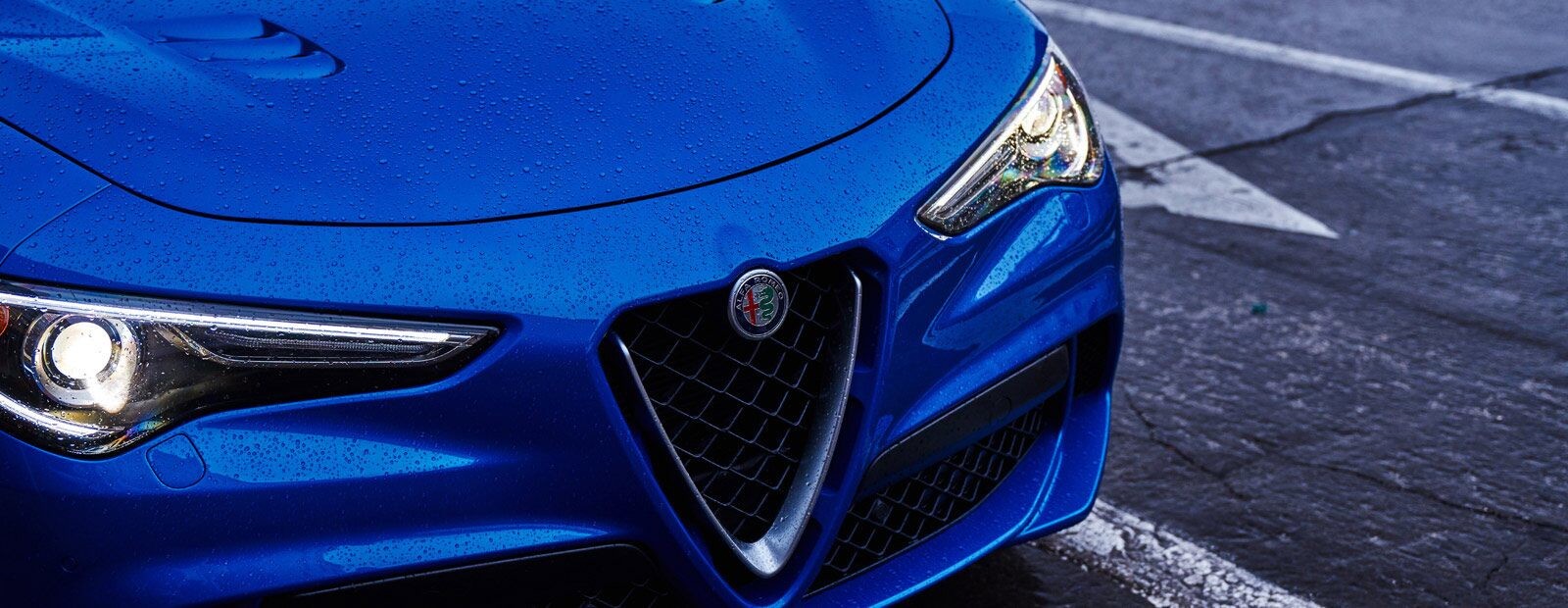 Un gros plan sur la calandre Scudetto en « V » distinctive de l’Alfa Romeo Stelvio Quadrifoglio 2020.