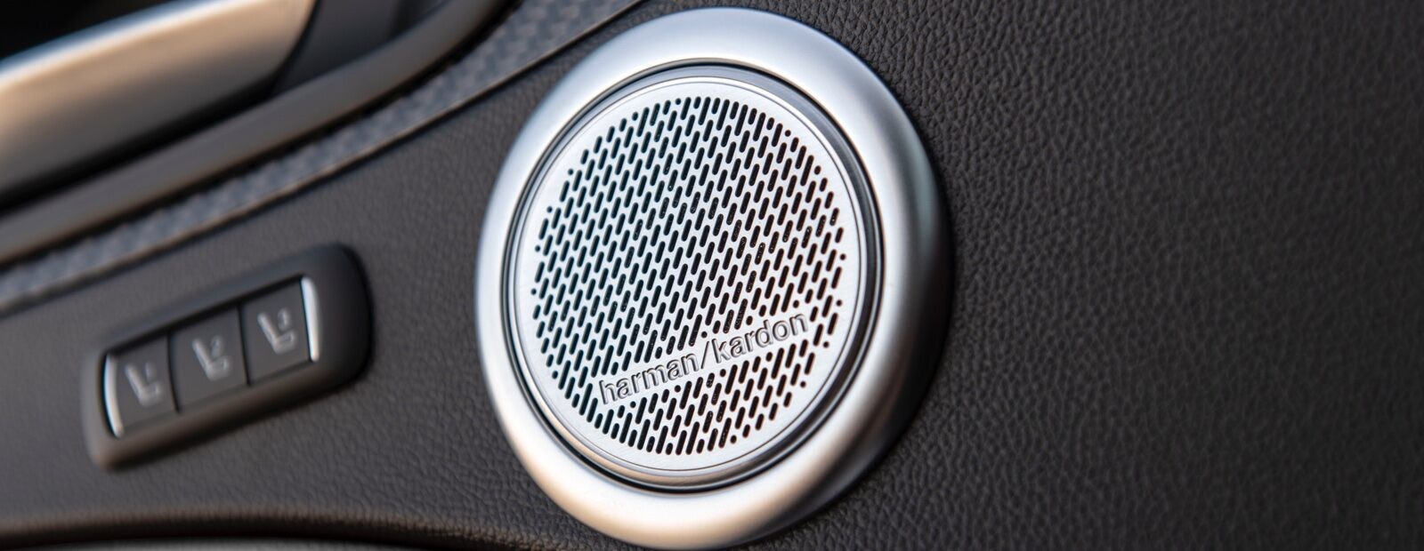 Un gros plan sur un haut-parleur Harman Kardon dans le panneau de porte de l’Alfa Romeo Stelvio Quadrifoglio 2021.