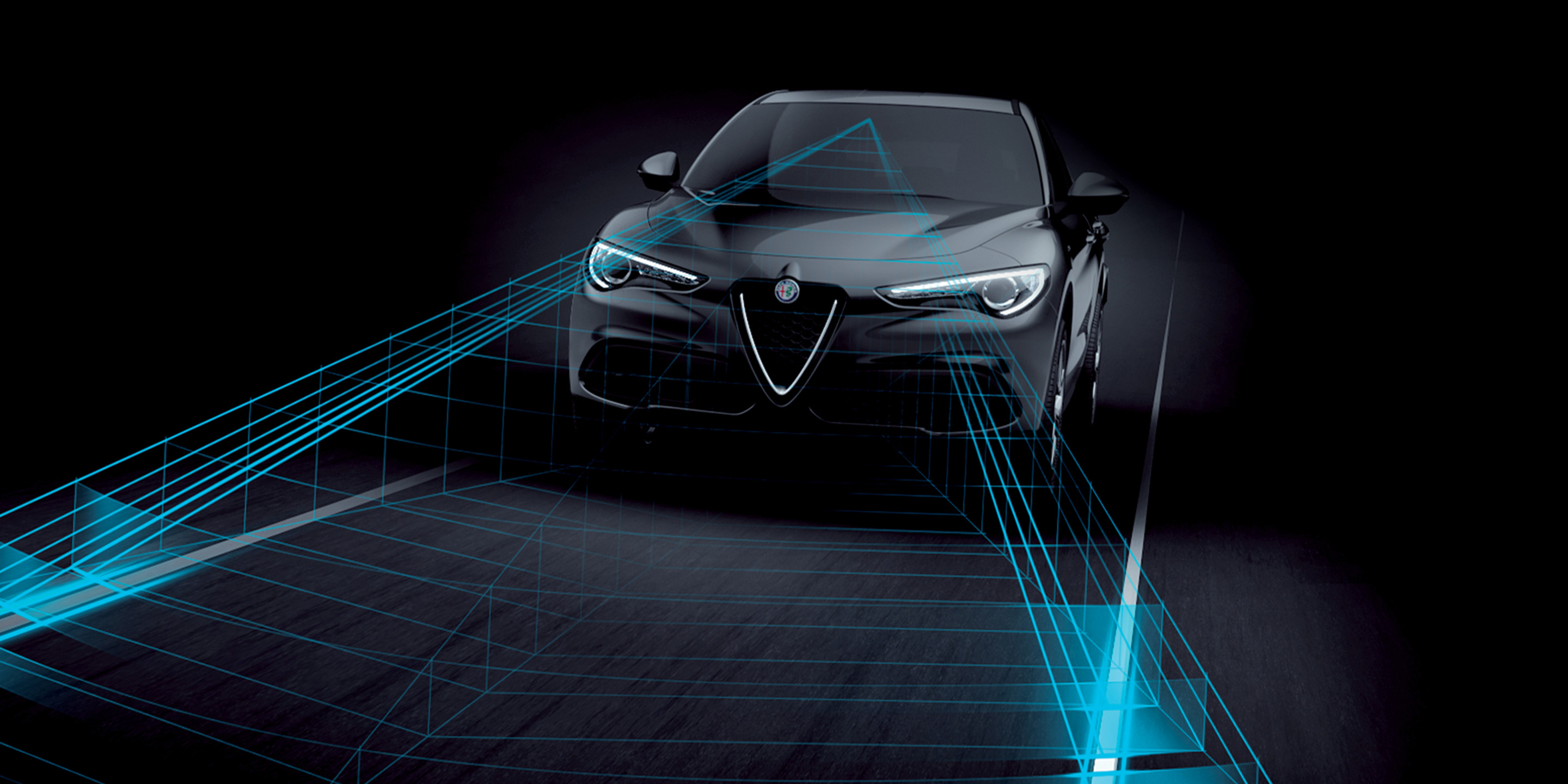 Rendering of Alfa Romeo Stelvio Quadrifoglio’s Lane Keep Assist system.