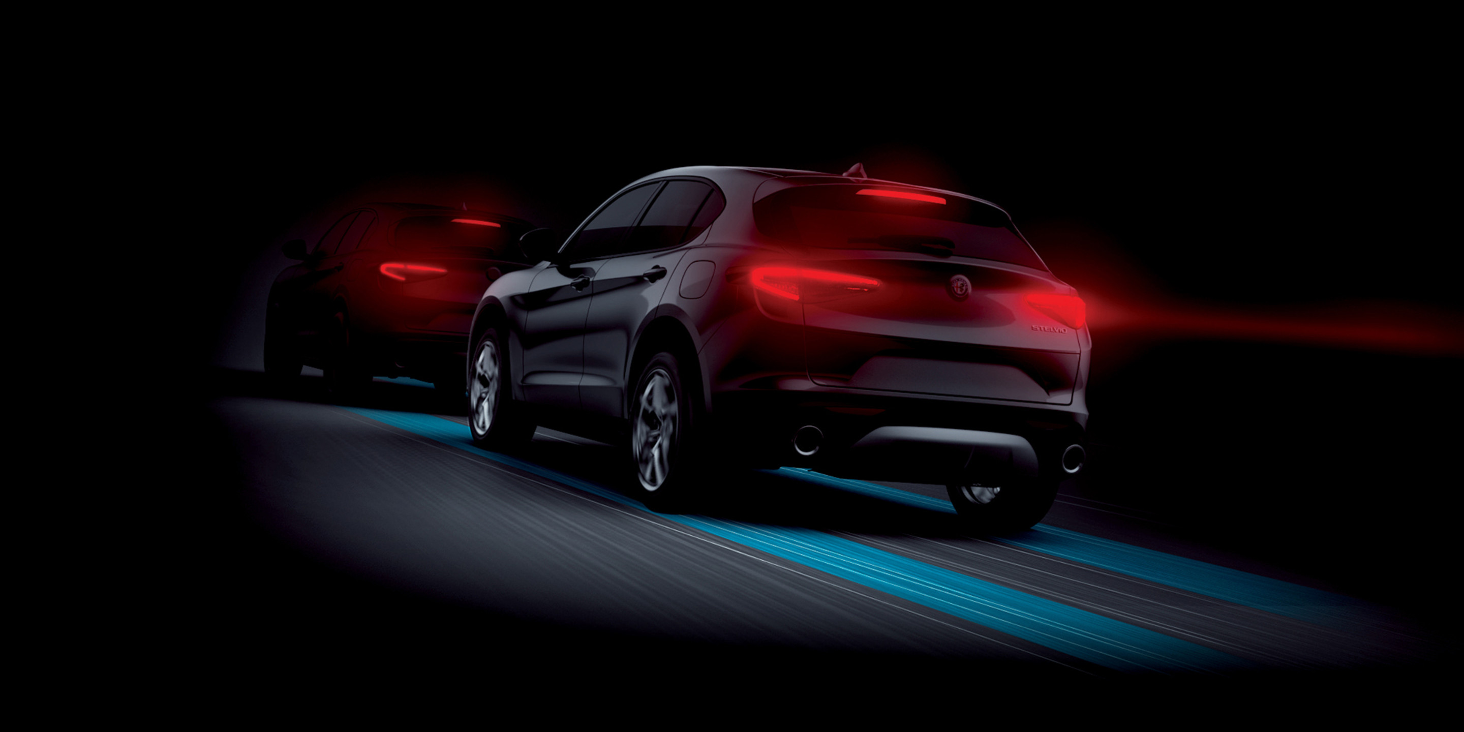 Rendering of Alfa Romeo Stelvio Quadrifoglio’s Forward Collision Warning in action and braking behind a car.