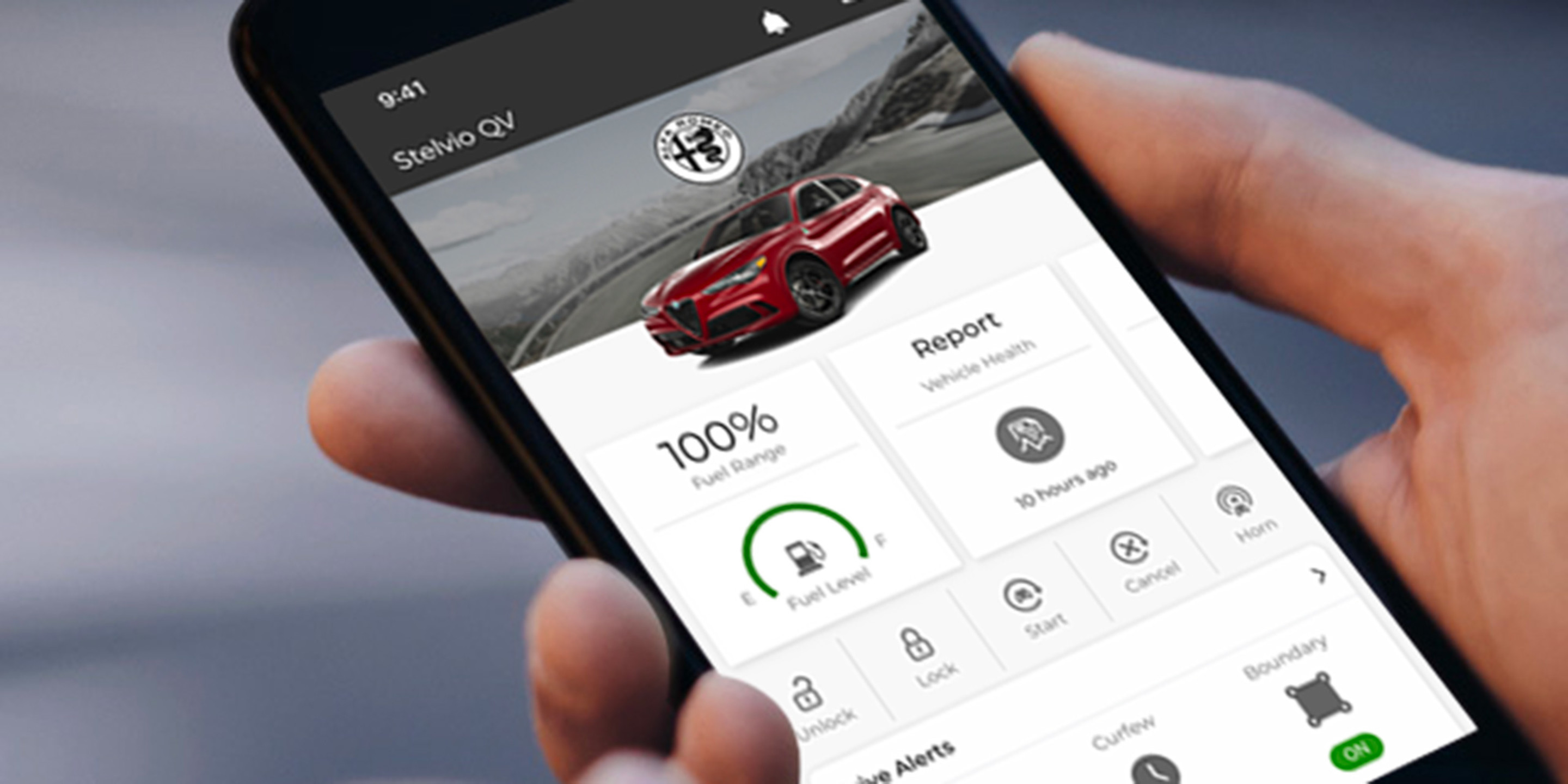 Gros plan de l’application Alfa montrant les fonctionnalités des niveaux de carburant.