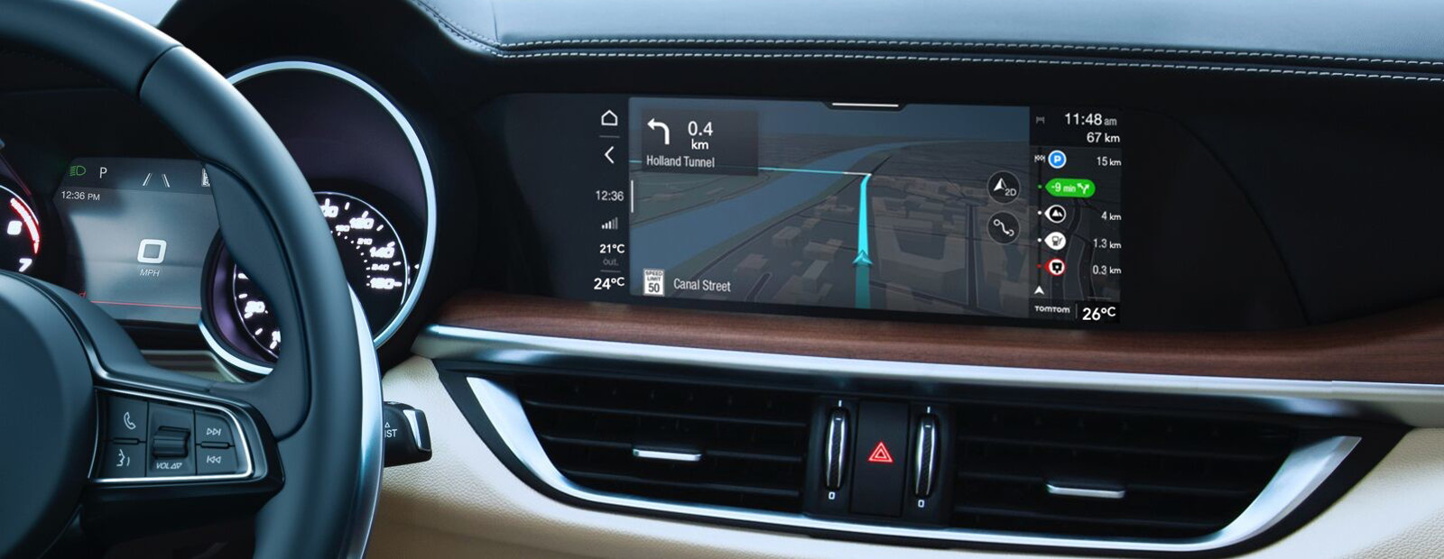 A close-up of the touchscreen in the 2020 Alfa Romeo Stelvio.