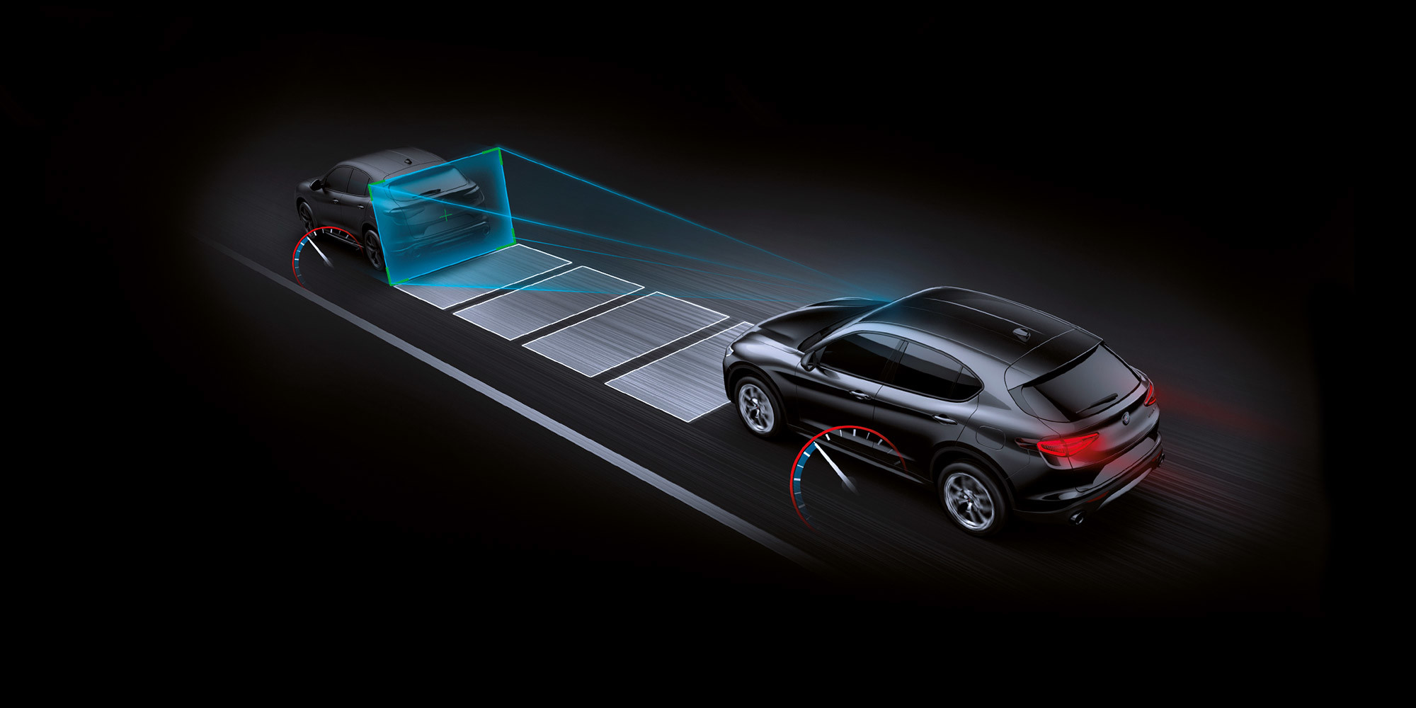 An overhead view of a black Alfa Romeo Stelvio with illustrated blue sensor lines spanning the space between the front windshield and the vehicle in front of it. Illustrated speedometers are overlaid on each vehicle.