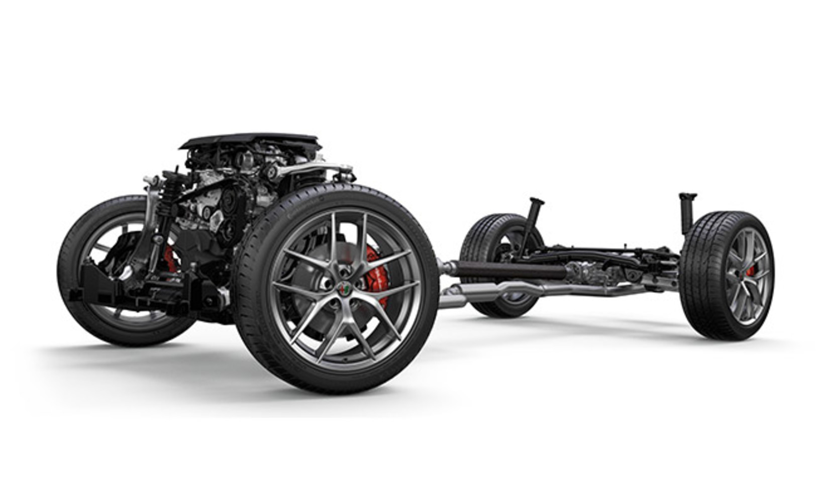 Gros plan sur l’arbre de transmission en fibre de carbone de série qui permet à l’Alfa Romeo Stelvio d’atteindre son impressionnant rapport poids-puissance.