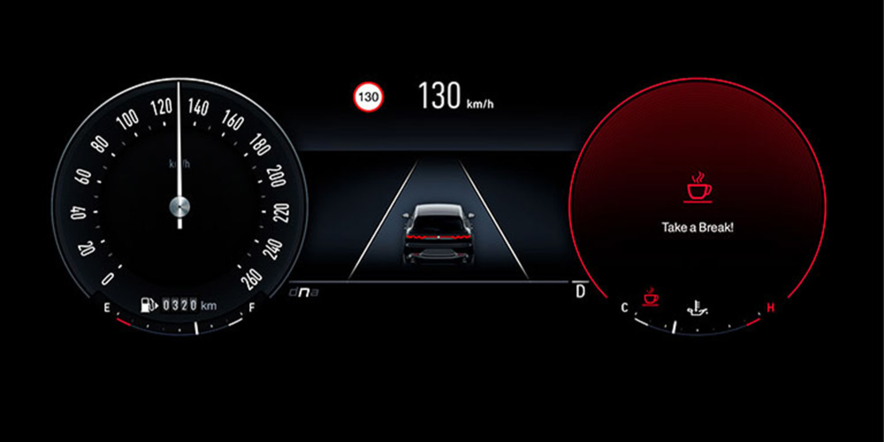 Alfa Romeo Tonale dashboard displaying the drowsy driver detection system. Screen reads, Take a Break! in red font.