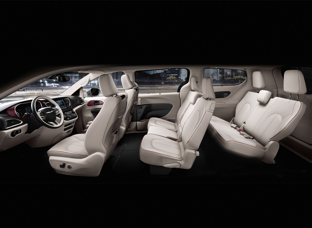 Interior of a 2020 Chrysler Pacifica showcasing seating for up to 8 people.