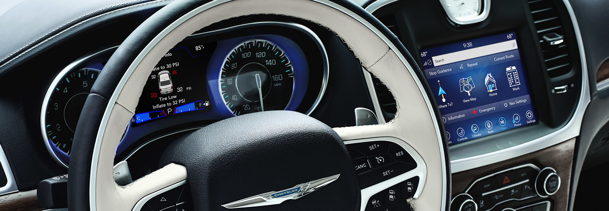 Close-up view of the Chrysler 300 interior dashboard, display, and centre console