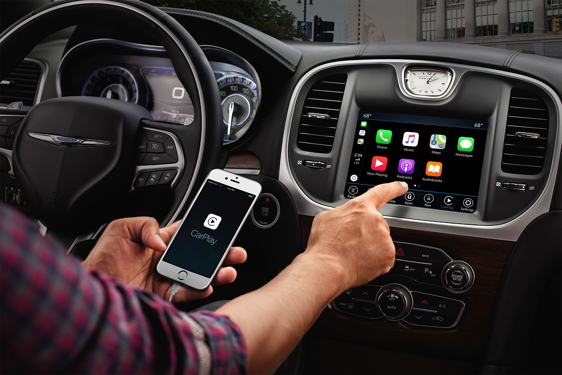 2020 chrysler 300 showing the Uconnect multimedia centre with Apple Carplay