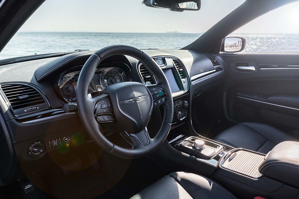 Interior of the front of a Chrysler 300 in black