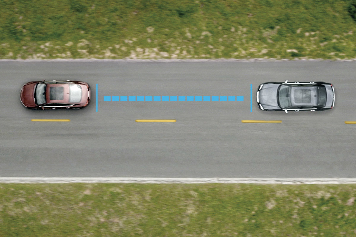 A birds eye view of a Chrysler 300 showing the adaptive cruise control technology.