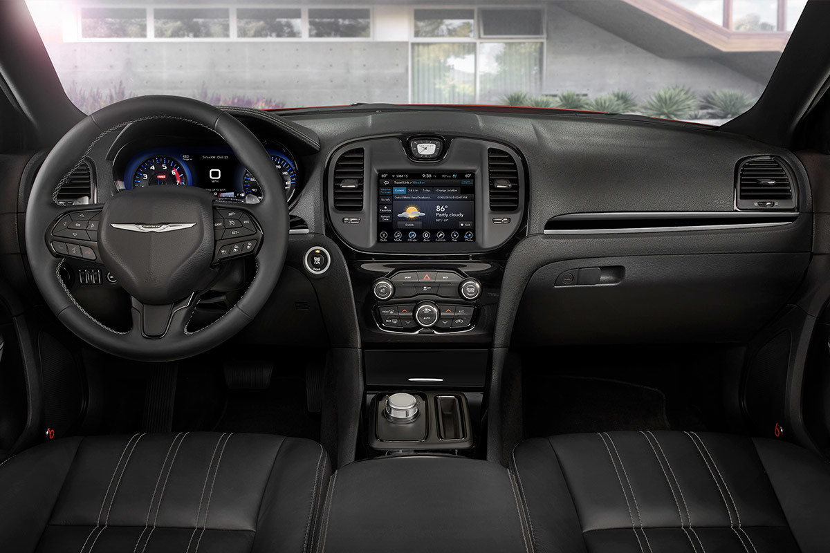 Front interior of a Chrysler 300 in a black finish