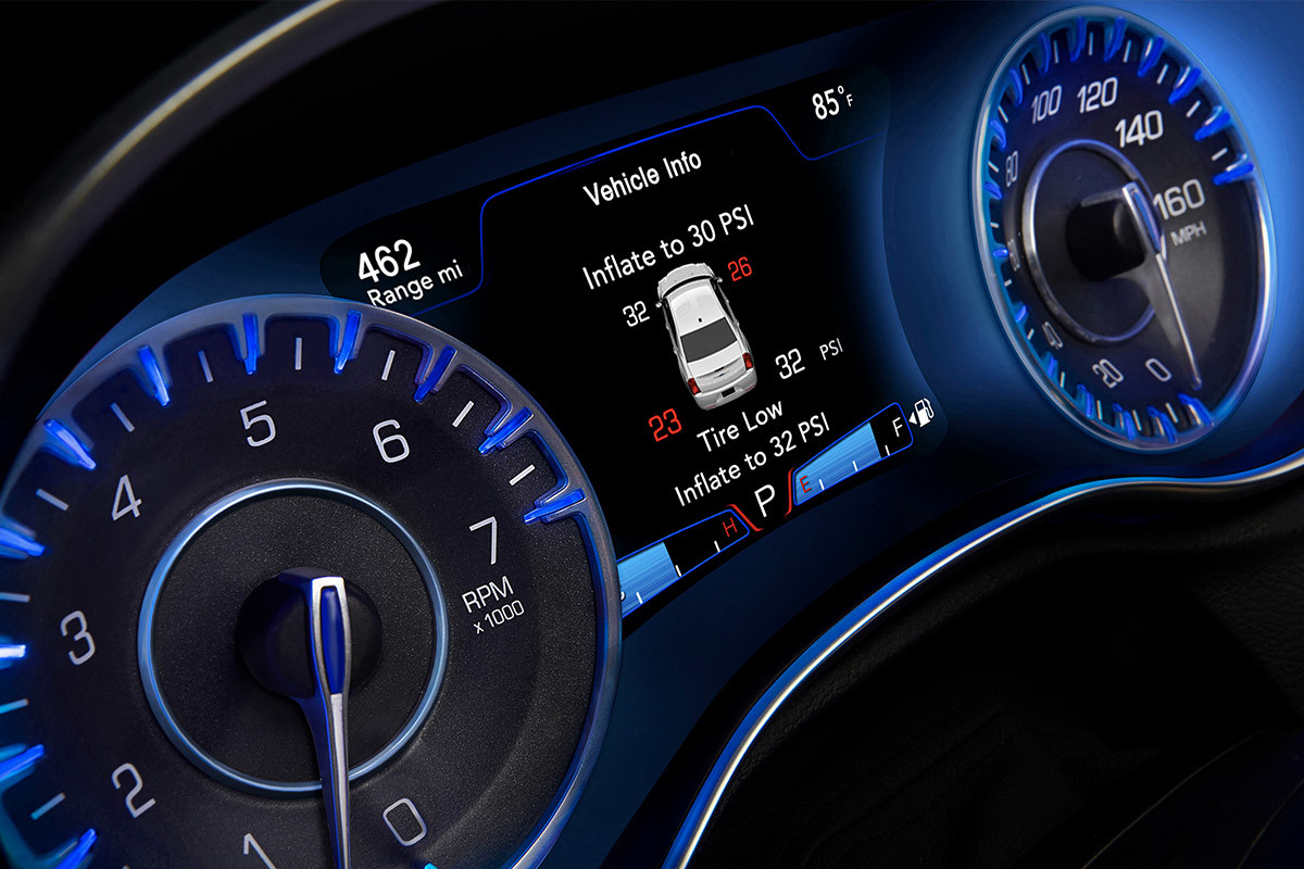 Close up of the digital in-cluster display in a Chrysler 300
