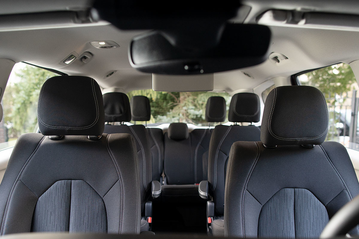 A view of the roomy cabin inside a 2021 Chrysler Grand Caravan.