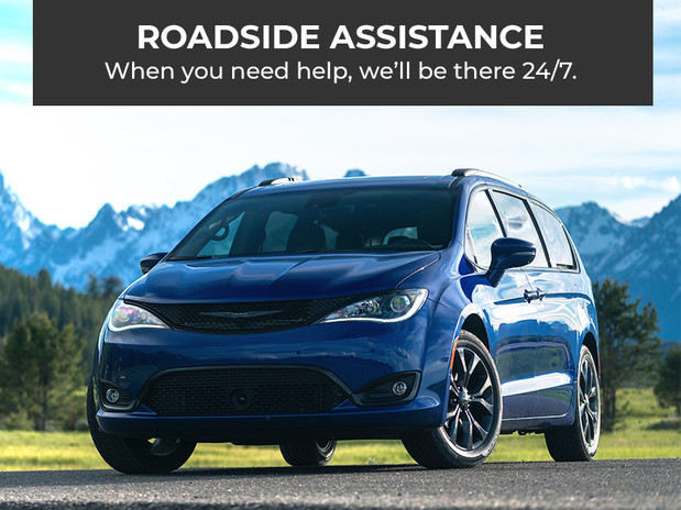 Roadside assistance. We’re here 24/7 to help when you need it. Blue 2020 Chrysler Pacifica, parked behind a scenic mountain view.
