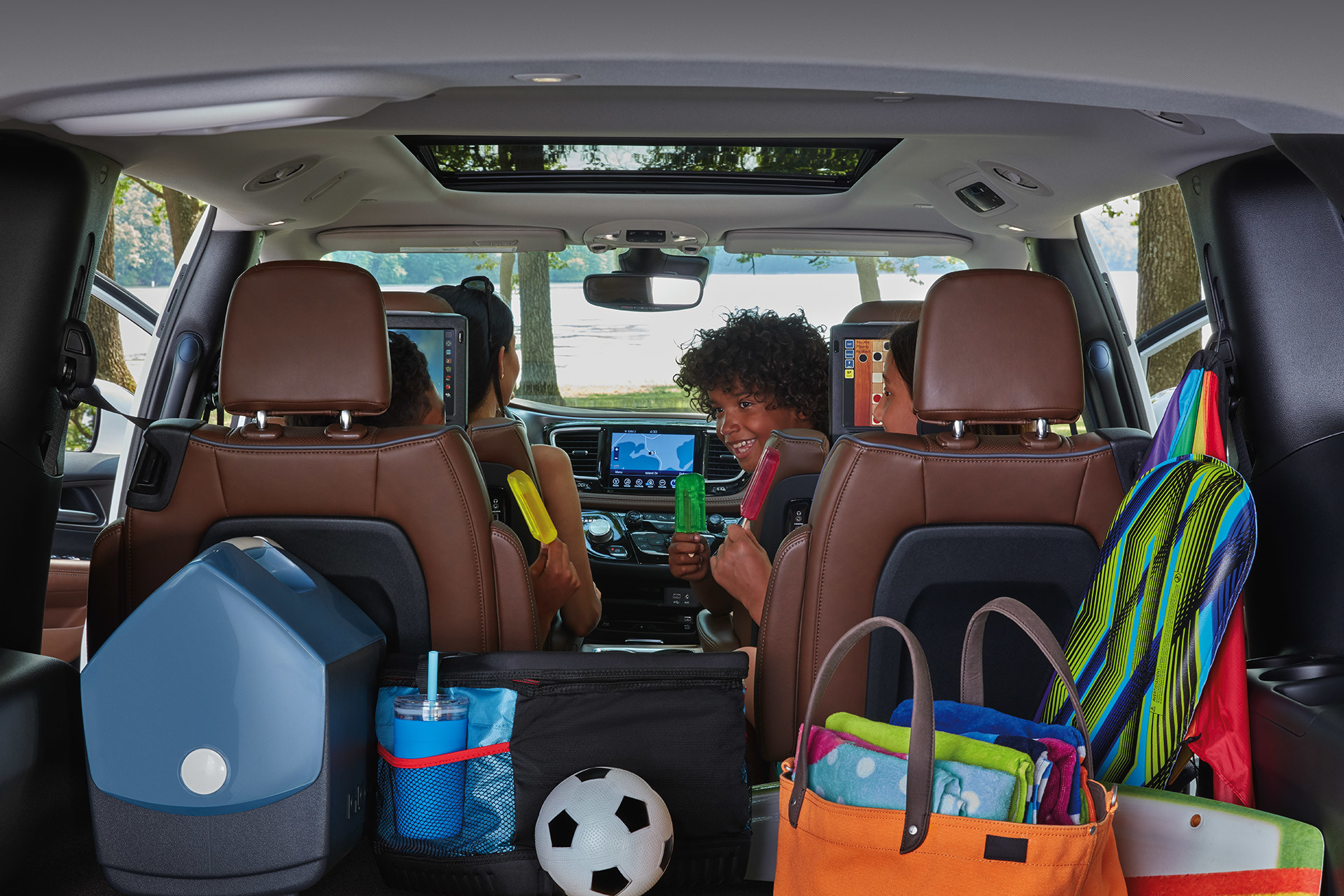 Multiple items stored on the trunk of a 2020 Chrysler Pacifica.