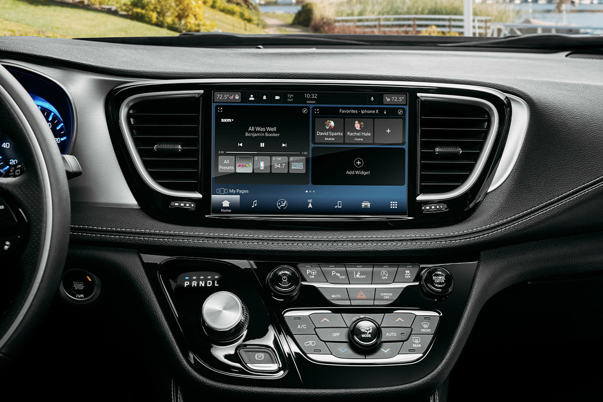 Infotainment For Everyone Close up of the interior Chrysler Pacifica display screen.