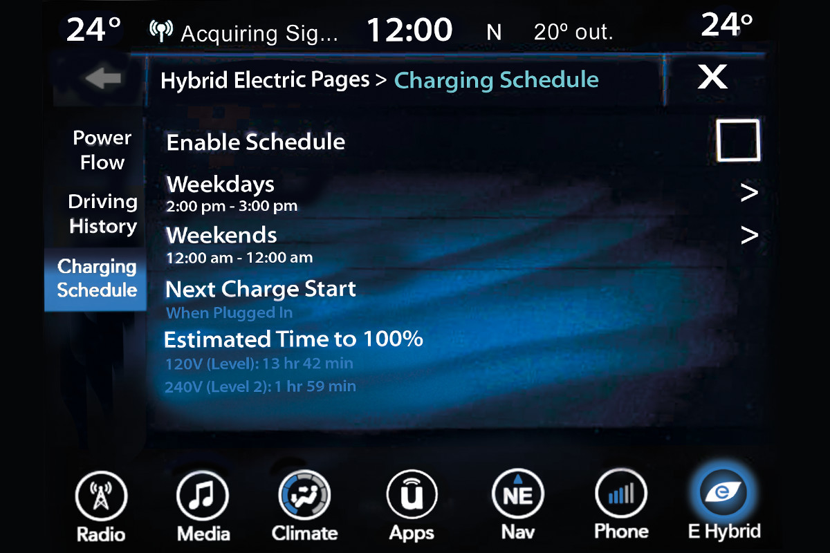 Écran du programme de recharge de la Chrysler Pacifica Hybrid 2019