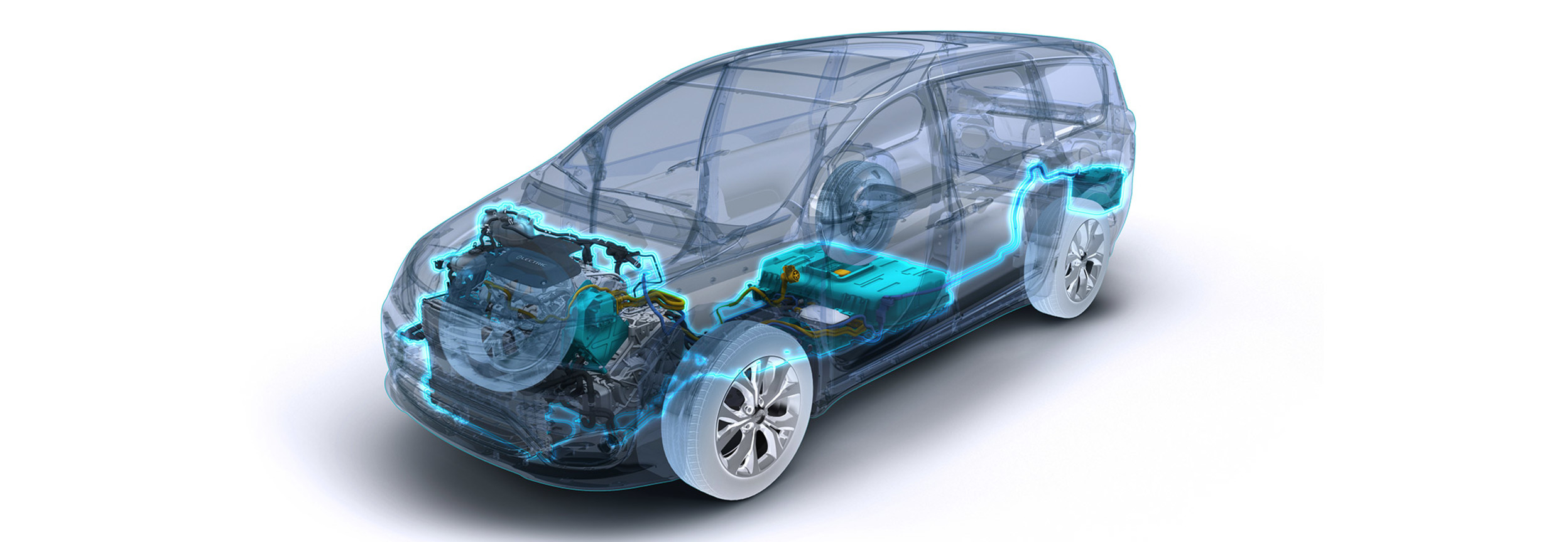 X-ray view of the Chrysler Pacifica Hybrid showcasing the engine