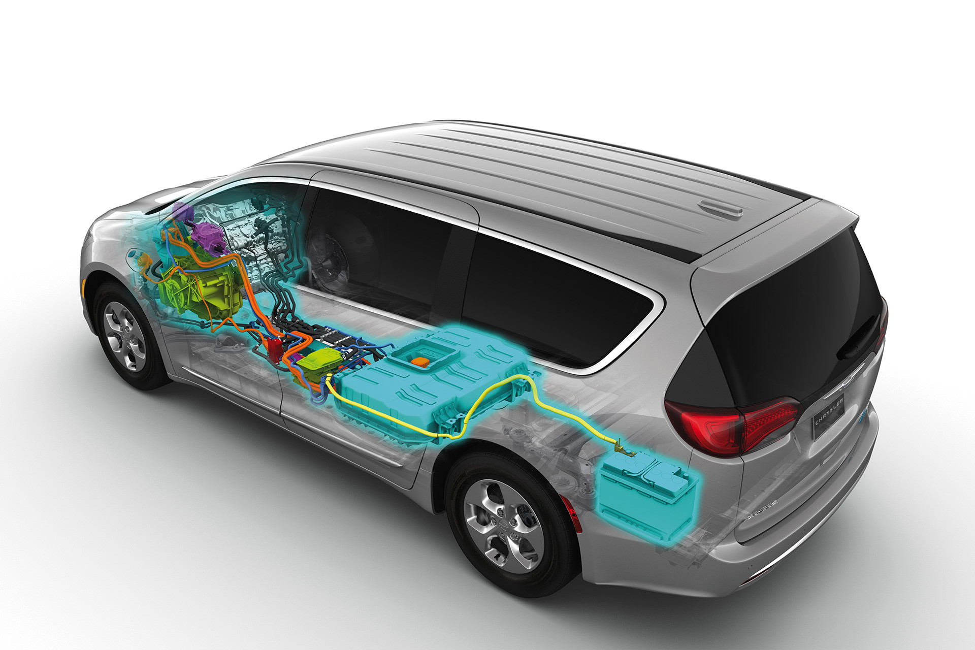 Vue plongeante de la Chrysler Pacifica Hybrid 2020 mettant en vedette ses deux sources d’alimentation efficaces