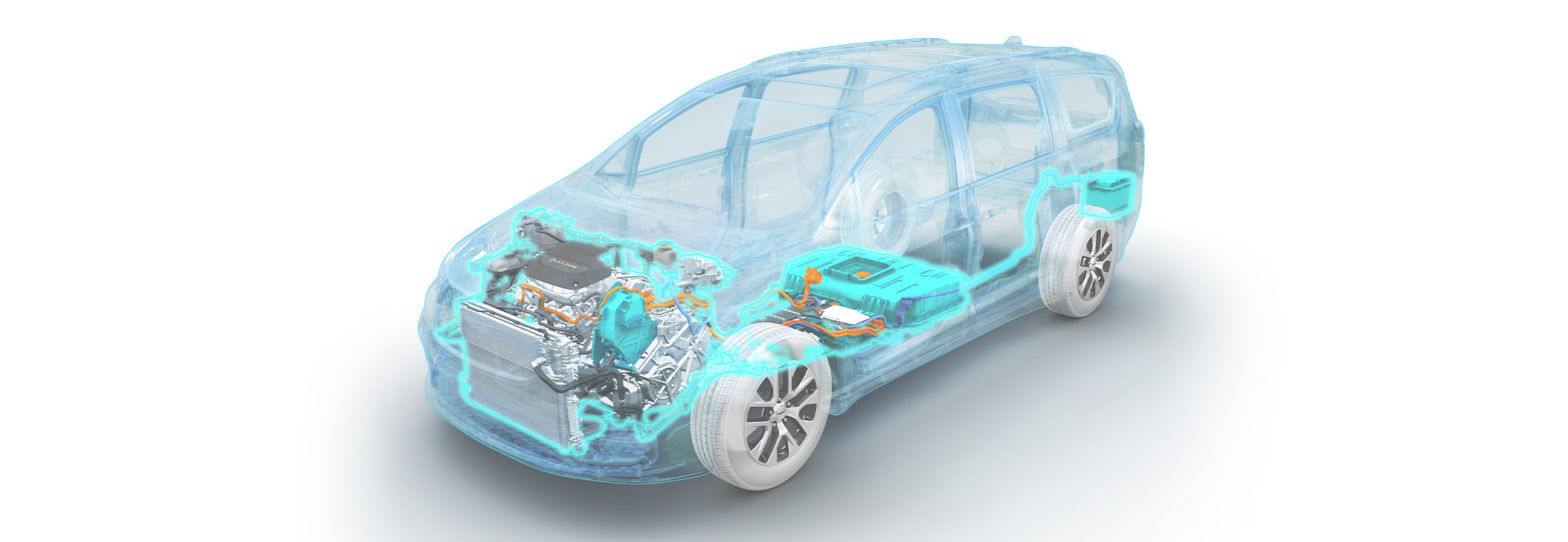 Vue radiographique de la carrosserie et du moteur de la Chrysler Pacifica Hybrid 2021