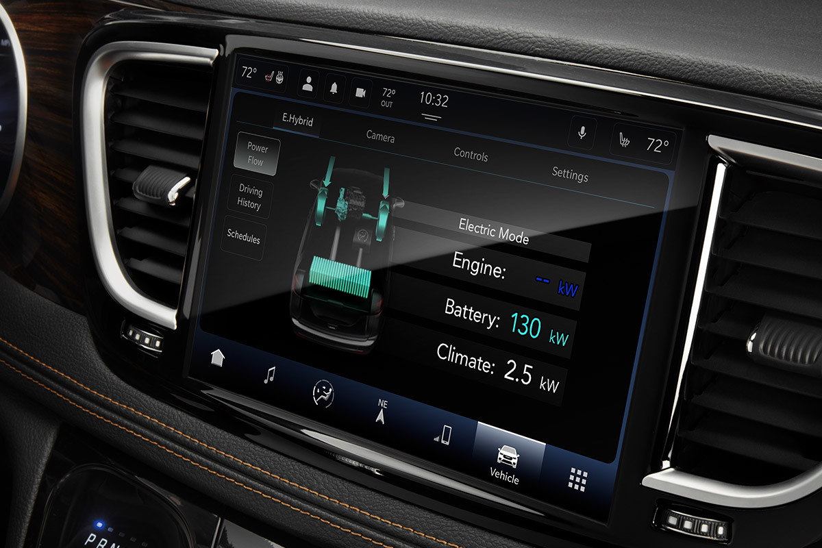 Gros plan de l’écran d’affichage de la Chrysler Pacifica Hybrid 2021