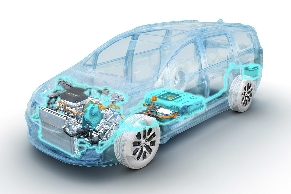 Vue détaillée des composants du moteur de la Chrysler Pacifica Hybrid 2022