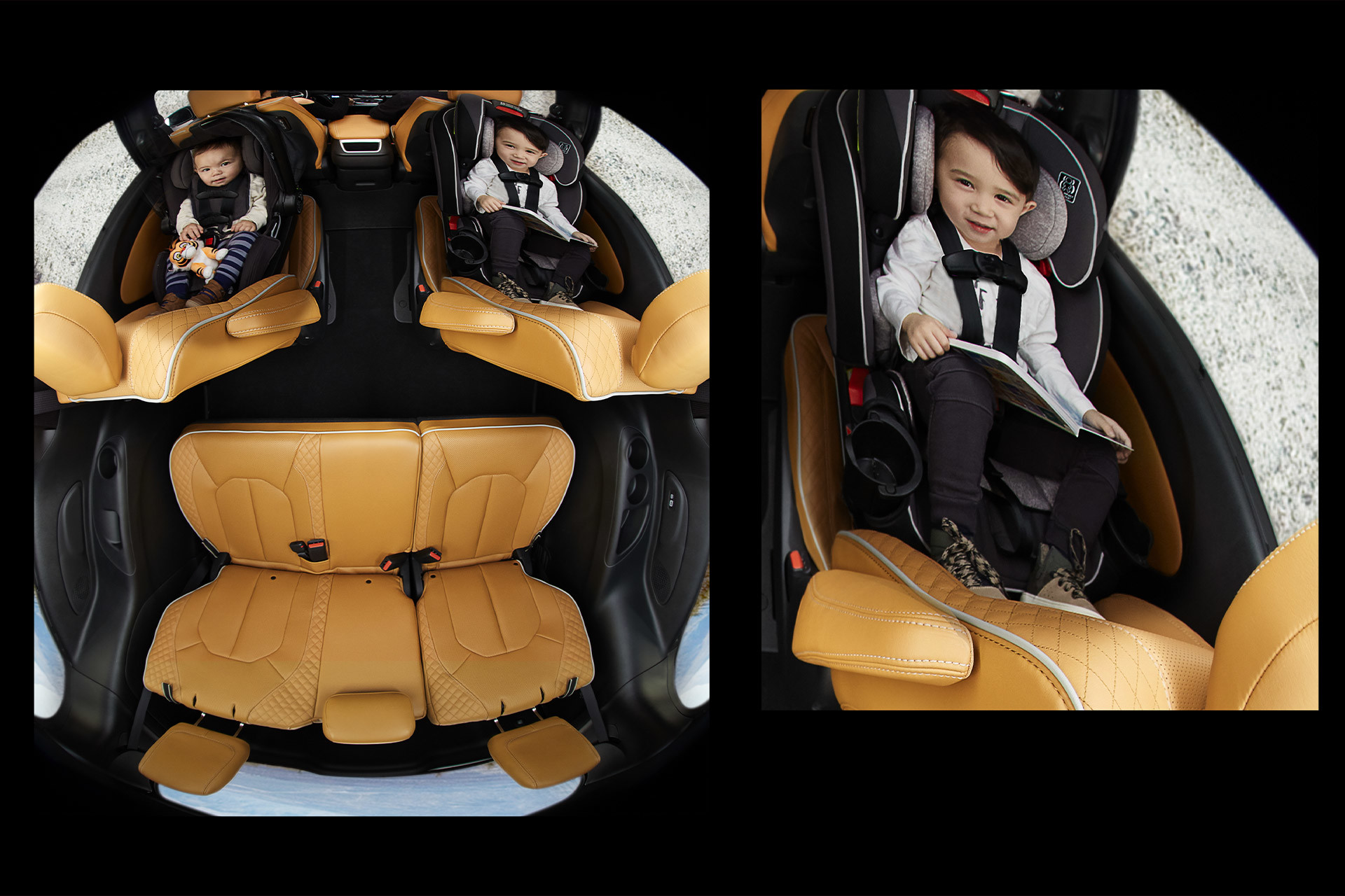 Vue en plongée d’un enfant assis dans un siège d’auto d’une Chrysler Pacifica Hybrid avec sièges en cuir jaune