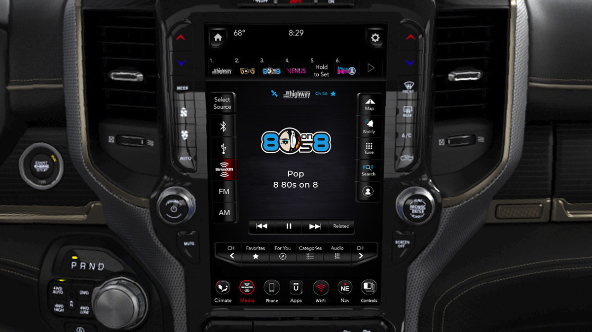 Multimedia full colour touch screen of Ram vehicle highlighting Uconnect navigation screen