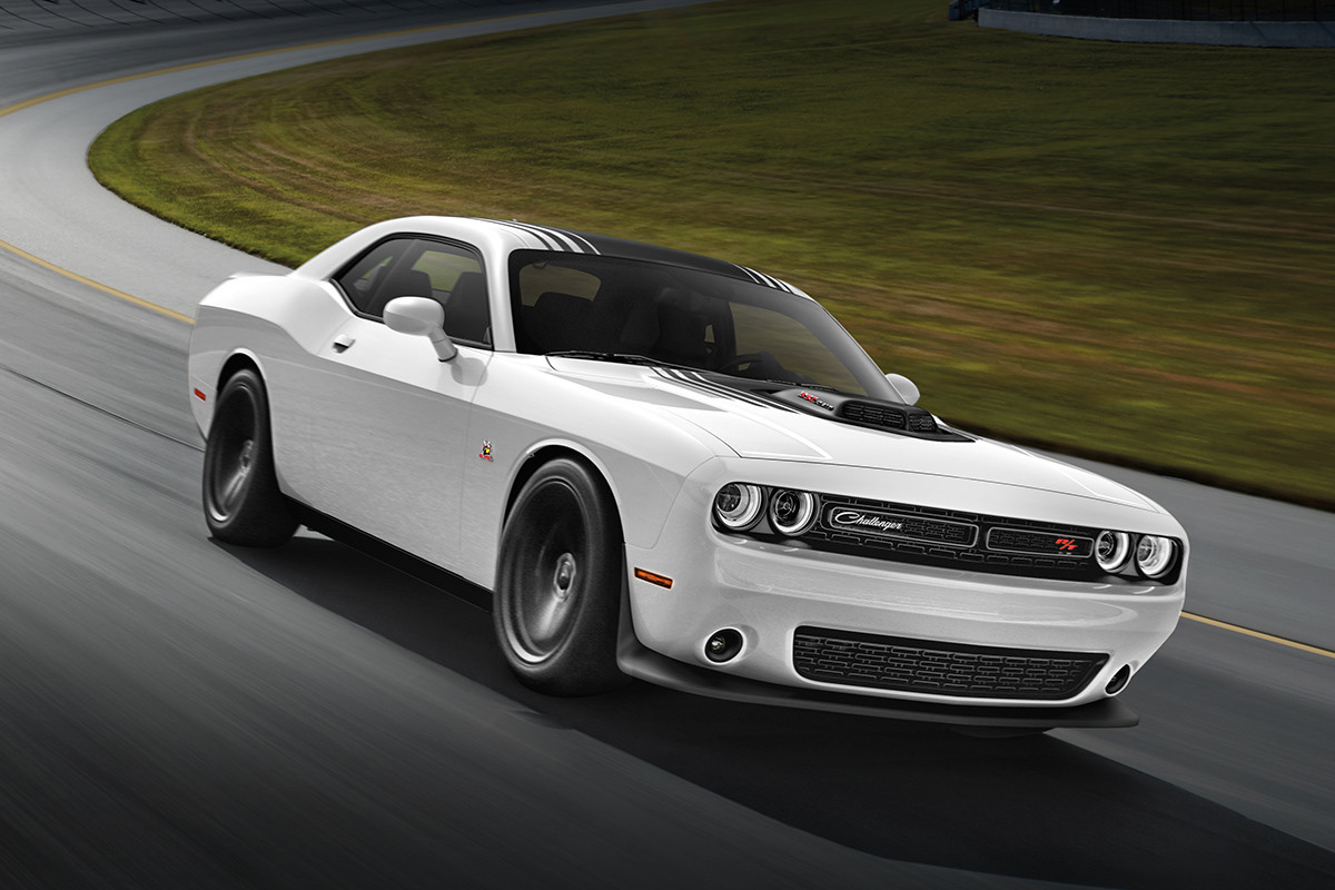 White 2019 Dodge Challenger being driven around a race track.
